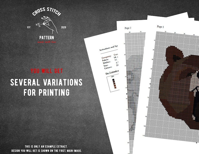 May include: Cross stitch pattern for a brown bear head. The pattern includes 91 stitches and uses 6 colors. The pattern is labeled "Page 1" and is part of a larger set of patterns.