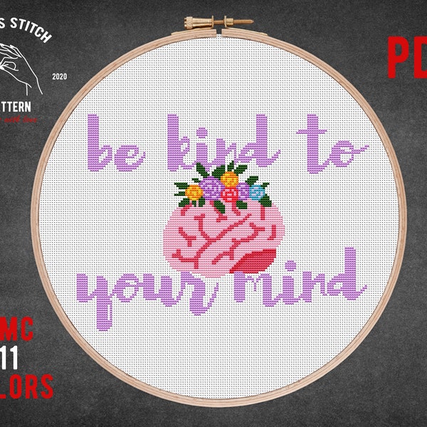 Be kind to your mind cross stitch pattern Human anatomy cross stitch with quotes Brain Embroidery design pdf human body xstitch