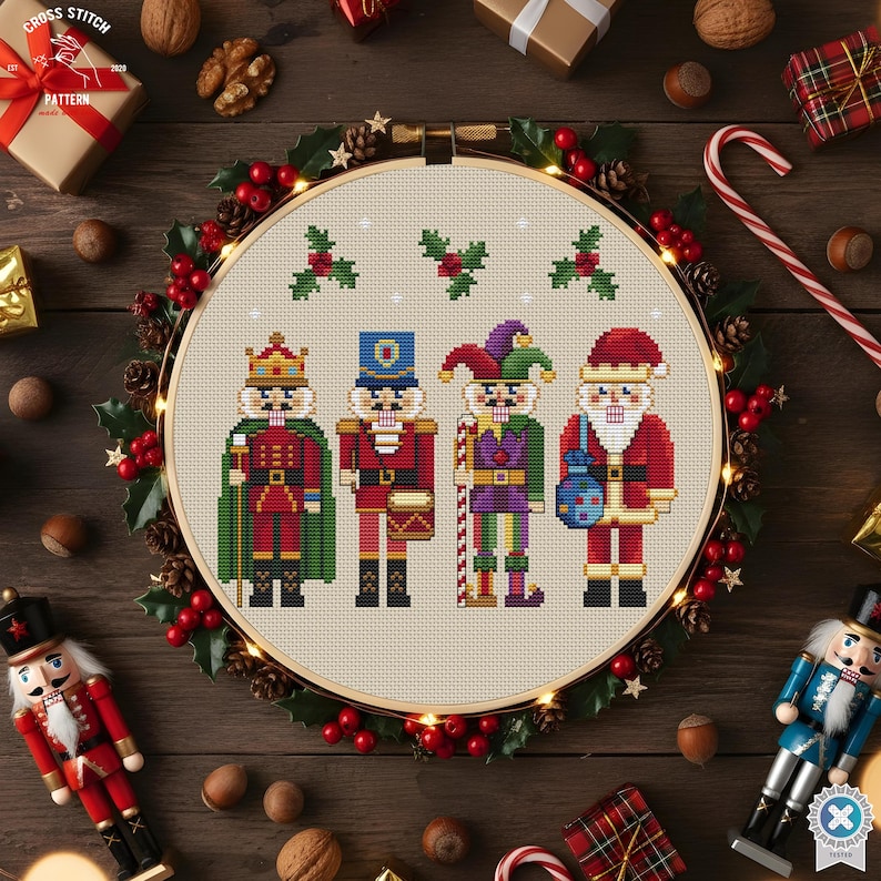 May include: Cross-stitch pattern featuring four Christmas nutcrackers in festive attire. The design includes a king, a soldier, a jester, and Santa Claus, all in a cross-stitch style. The text "CROSS STITCH PATTERN" is visible in the upper left corner.