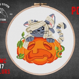 Halloween cat cross stitch pattern Ghost Pumpkin embroidery Spooky season cross stitch Jack o&#39;lantern xstitch Halloween scary bat decor