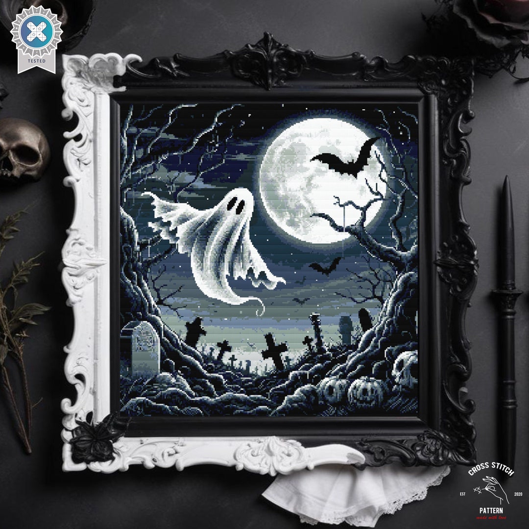 Halloween Ghost Cross Stitch Pattern Creepy Graveyard Spooky Cross ...