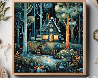 May include: A cross stitch pattern featuring a cozy blue cottage nestled in a dark forest with a small pond in front. The cottage has a warm yellow glow coming from the windows. The forest is filled with lush green foliage and trees.
