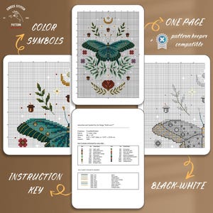 May include: A cross-stitch pattern design featuring a teal butterfly with floral and celestial elements. The design includes color symbols, an instruction key, and a black-and-white version. The pattern is one page and pattern keeper compatible.