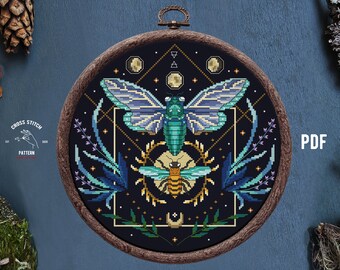 Bee cross stitch Moth cross stitch pattern Witchy cross stitch Insect Mushroom cross stitch Gothic Cottagecore embroidery Moon Phase