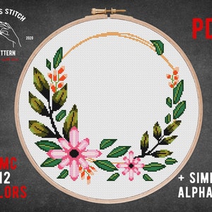 Bloemenkrans kruissteekpatroon PDF Modern kruissteekschema Bloemenrand Geteld kruissteek Bloemenontwerp Xstitch-patroon