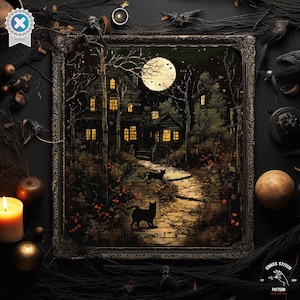 May include: A cross stitch pattern featuring a spooky, dark, and mysterious scene of a house with a full moon in the background. Two black cats are walking on a path leading to the house. The pattern is framed in a black frame with a gold trim.