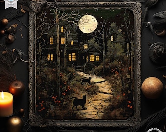 Halloween black cat cross stitch pattern Spooky cross stitch dark cross stitch full moon embroidery Ghost embroidery Creepy haunted house