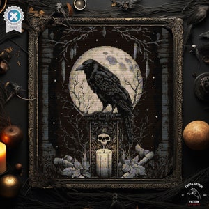 Gothic Raven Cross Stitch Pattern Creepy Halloween embroidery Skull cross stitch Bat cross stitch Spooky Horror Crow cross stitch Full moon