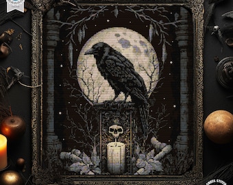 Gothic Raven Cross Stitch Pattern Creepy Halloween embroidery Skull cross stitch Bat cross stitch Spooky Horror Crow cross stitch Full moon