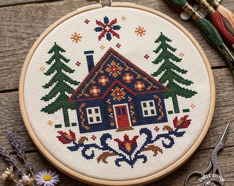 Kruissteekpatroon Scandinavisch huis: Scandinavische volkskunst Cottagecore-ontwerp (pdf-patroon)