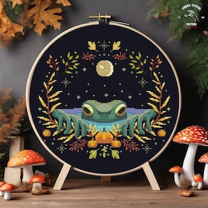 Frog cross stitch pattern Halloween Toad cross stitch Spooky cross stitch Witchy cross stitch Pumpkin cottagecore embroidery Crescent moon