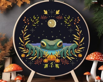 Frog cross stitch pattern Halloween Toad cross stitch Spooky cross stitch Witchy cross stitch Pumpkin cottagecore embroidery Crescent moon