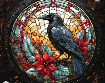 Stained Glass Raven Cross Stitch Pattern Gothic Crow cross stitch Spooky  Halloween embroidery Poinsettia cross stitch Black Witchy stitcher