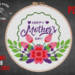 Mothers Day cross stitch pattern Best mom ever embroidery Counted Cross Stitch DIY Gift for Mum floral cross stitch Chart Embroidery design