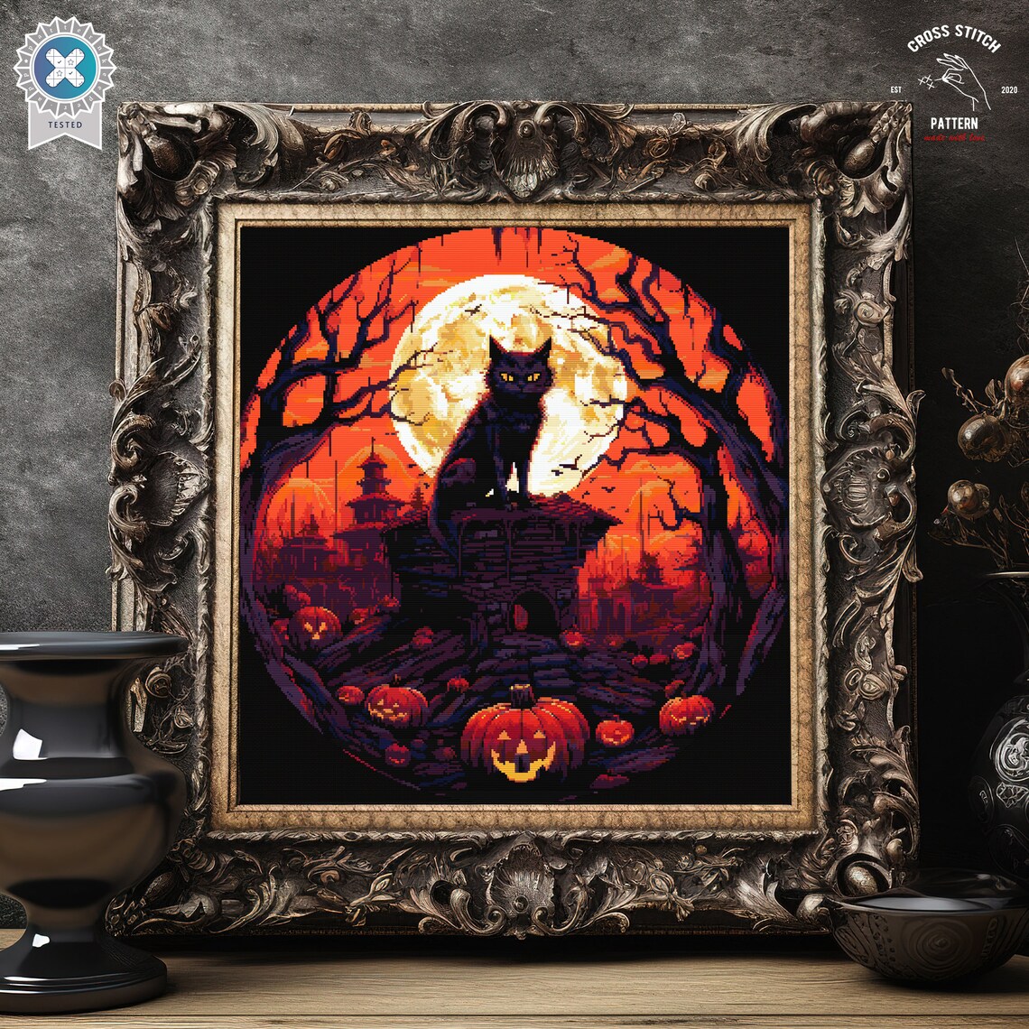 Black Cat Halloween Cross Stitch Pattern Spooky Cross Stitch Pumpkin ...