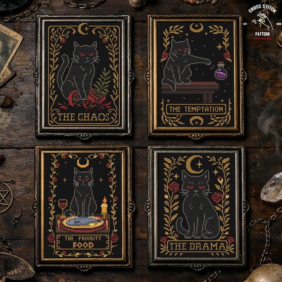 Gothic Black Cat Tarot Cross Stitch Pattern, Witchy Embroidery (PDF chart)