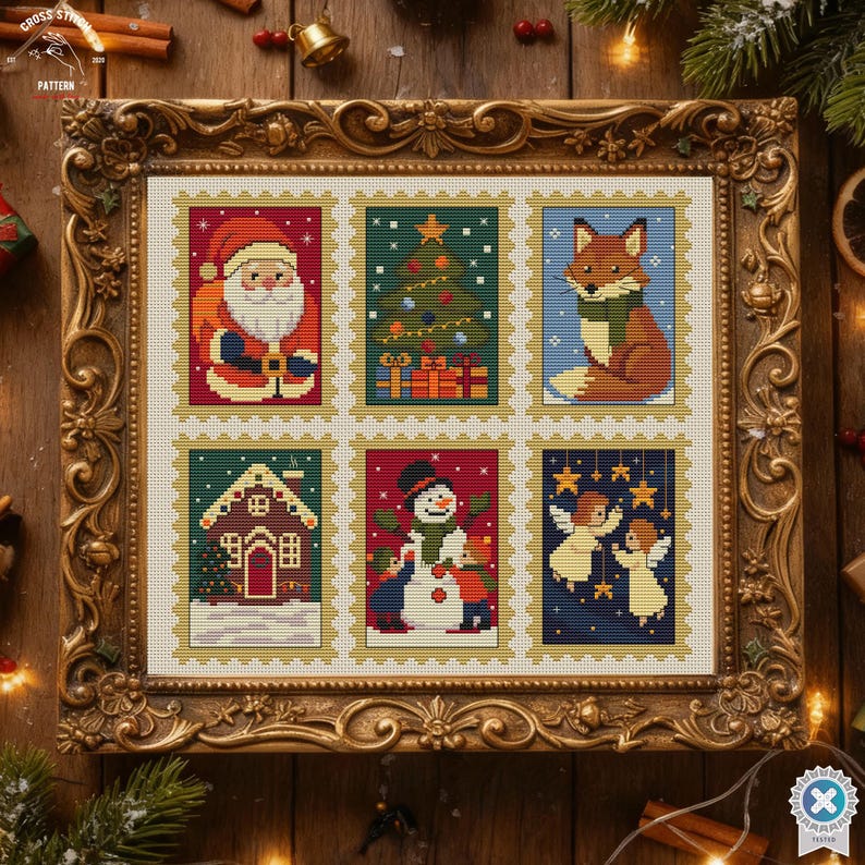 May include: Framed cross-stitch artwork featuring six Christmas-themed postage stamp designs. The stamps depict Santa Claus, a Christmas tree, a fox, a house, a snowman, and angels. The frame is ornate and gold-colored, set against a wooden background.