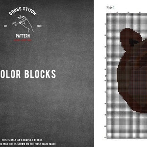 May include: A cross stitch pattern for a brown bear with a white background. The pattern is divided into color blocks and labeled "Page 1".
