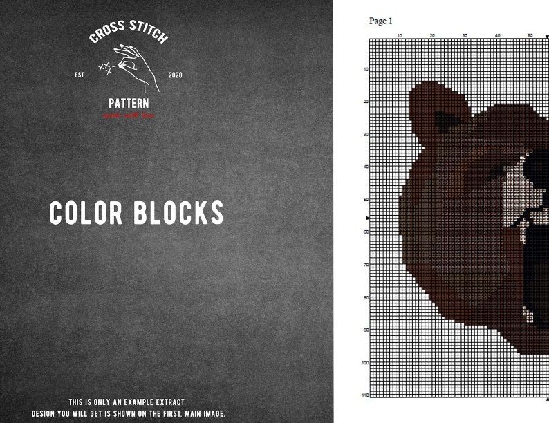 May include: A cross stitch pattern for a brown bear with a white background. The pattern is divided into color blocks and labeled "Page 1".