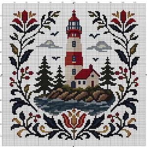 May include: A cross-stitch pattern on a grid featuring a central lighthouse with red and white stripes, a small house, and pine trees on a rocky island. The scene is framed by dark blue floral motifs with red berries and a grid scale of 110 units.
