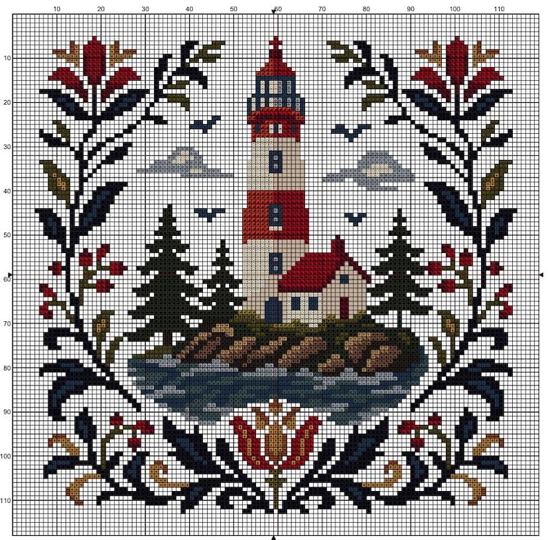 May include: A cross-stitch pattern on a grid featuring a central lighthouse with red and white stripes, a small house, and pine trees on a rocky island. The scene is framed by dark blue floral motifs with red berries and a grid scale of 110 units.