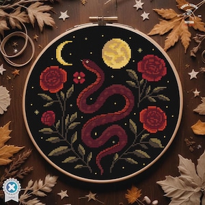 Snake cross stitch Witchy reptile embroidery Goth cross stitch Satanic cross stitch Roses Floral Serpent Occult cross stitch Moon embroidery
