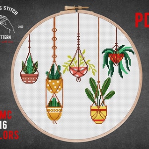 May include: Cross stitch pattern PDF for hanging plants. The pattern features five plants in different colored pots, including a pink pot, a yellow pot, and a red pot. The pattern is designed for 16 colors.
