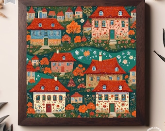 Village cross stitch pattern Colorful Houses Folk art town Floral Cozy cottage embroidery City Landscape cross stitch Nature cottagecore