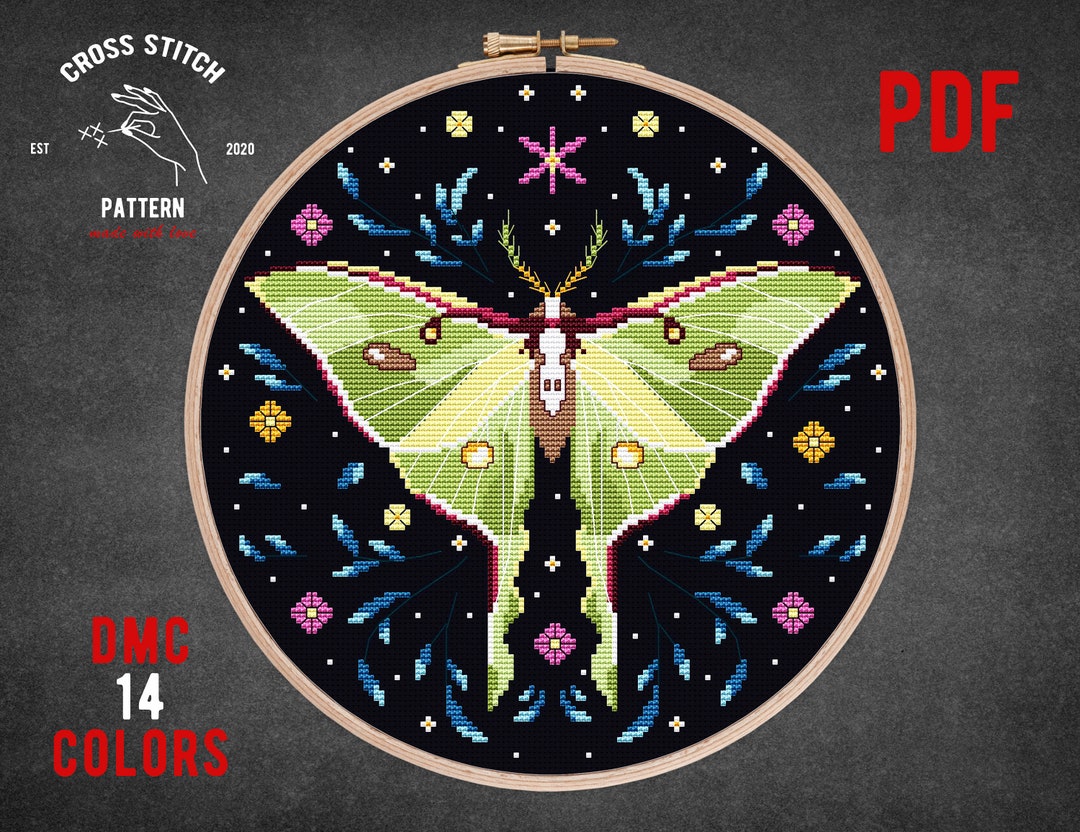 Luna Moth Cross Stitch Pattern Modern Cross Stitch Insect Embroidery ...
