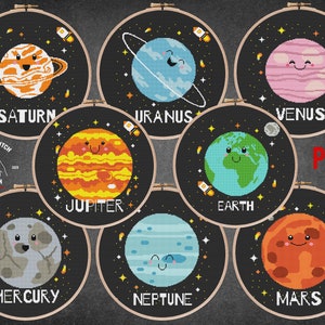 SET OF 8 Planets of the Solar System cross stitch pattern Astronaut embroidery Galaxy Space theme Kids room wall decor Moon phase xstitch