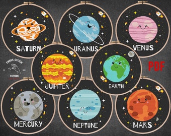 SET OF 8 Planets of the Solar System cross stitch pattern Astronaut embroidery Galaxy Space theme Kids room wall decor Moon phase xstitch