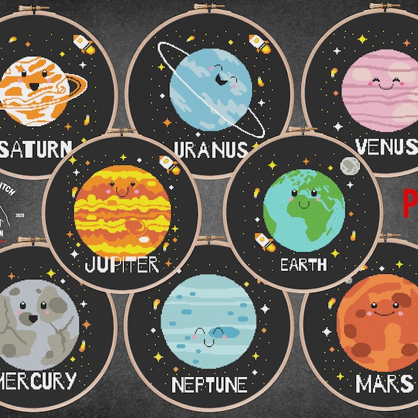 SET OF 8 Planets of the Solar System cross stitch pattern Astronaut embroidery Galaxy Space theme Kids room wall decor Moon phase xstitch