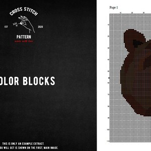 Może przedstawiać: Wz&oacute;r do haftu krzyżykowego w blokach kolor&oacute;w przedstawiający pysk brązowego niedźwiedzia. Wz&oacute;r jest oznaczony jako "Color Blocks" i zawiera tekst "EST 2020 CROSS STITCH PATTERN made with love".