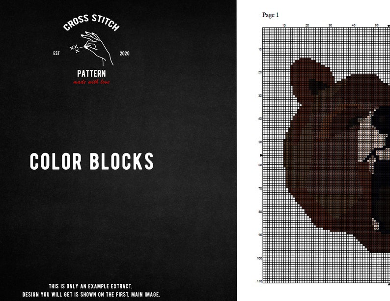 Może przedstawiać: Wz&oacute;r do haftu krzyżykowego w blokach kolor&oacute;w przedstawiający pysk brązowego niedźwiedzia. Wz&oacute;r jest oznaczony jako "Color Blocks" i zawiera tekst "EST 2020 CROSS STITCH PATTERN made with love".