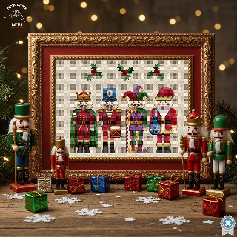 May include: A framed cross-stitch featuring five colorful nutcracker figures, with a gold frame and red matting. The image is surrounded by wooden nutcrackers, small wrapped gifts, and snowflake decorations, creating a festive holiday scene.