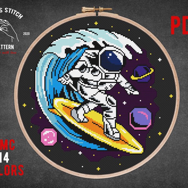 Space galaxy theme cross stitch Astronaut on surfboard cross stitch pattern Surfing embroidery Moon Night xstitch Kids room wall decor