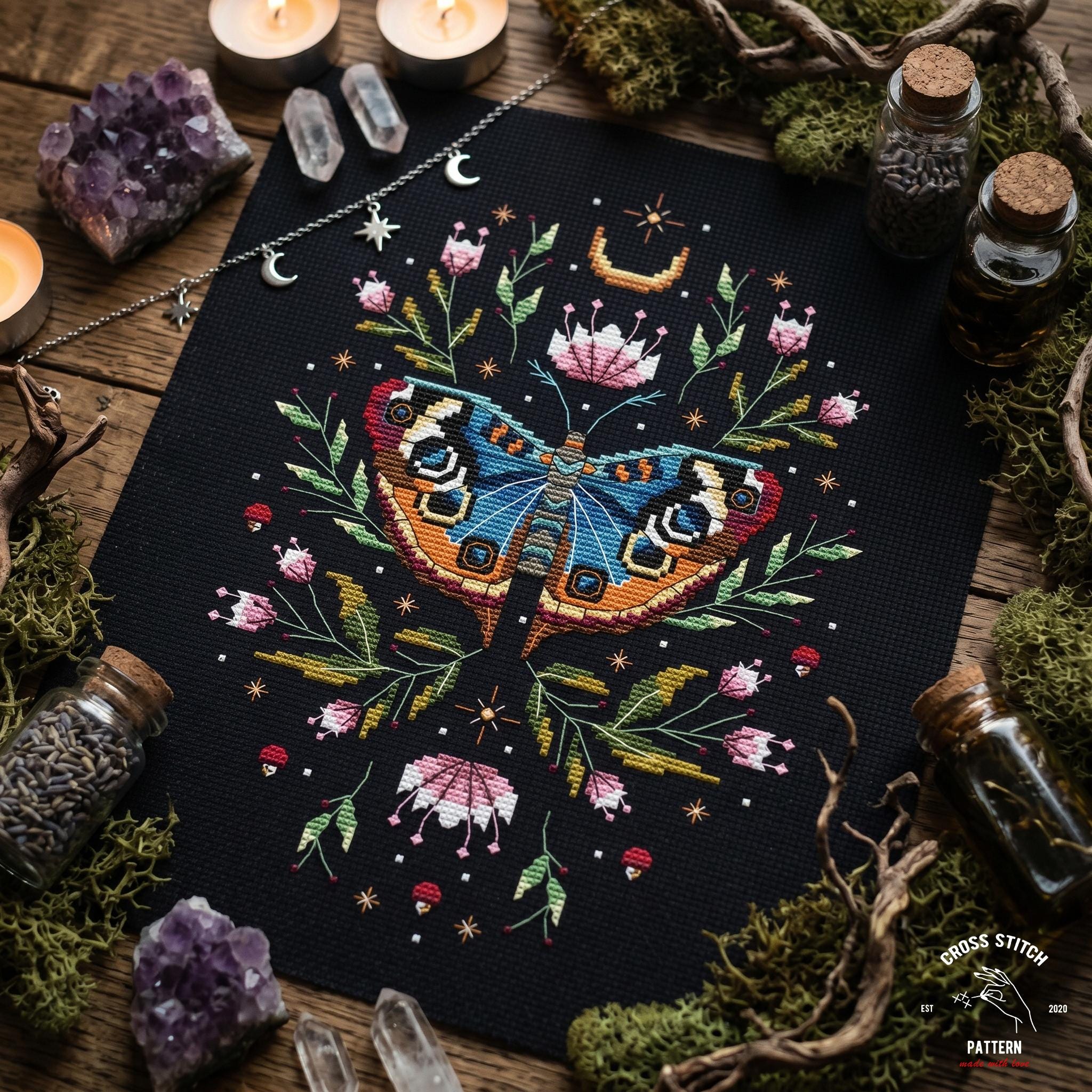 Gothic Moth Cross Stitch Pattern: Floral Moon Witchy Design (PDF ...