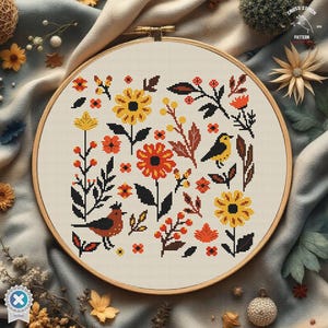 Modèle de point de croix scandinave Point de croix nordique Broderie folklorique colorée Fleur oiseau point de croix ornement vintage Point de croix moderne