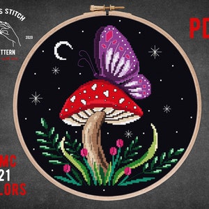 Mushroom cross stitch pattern Witchy fungi embroidery Gothic cross stitch Butterfly embroidery Cottagecore theme Home wall decor Fly agaric