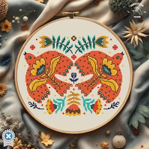 Modèle de point de croix scandinave Point de croix nordique Broderie folklorique ornement vintage Fleur oiseaux point de croix moderne Décoration murale murale