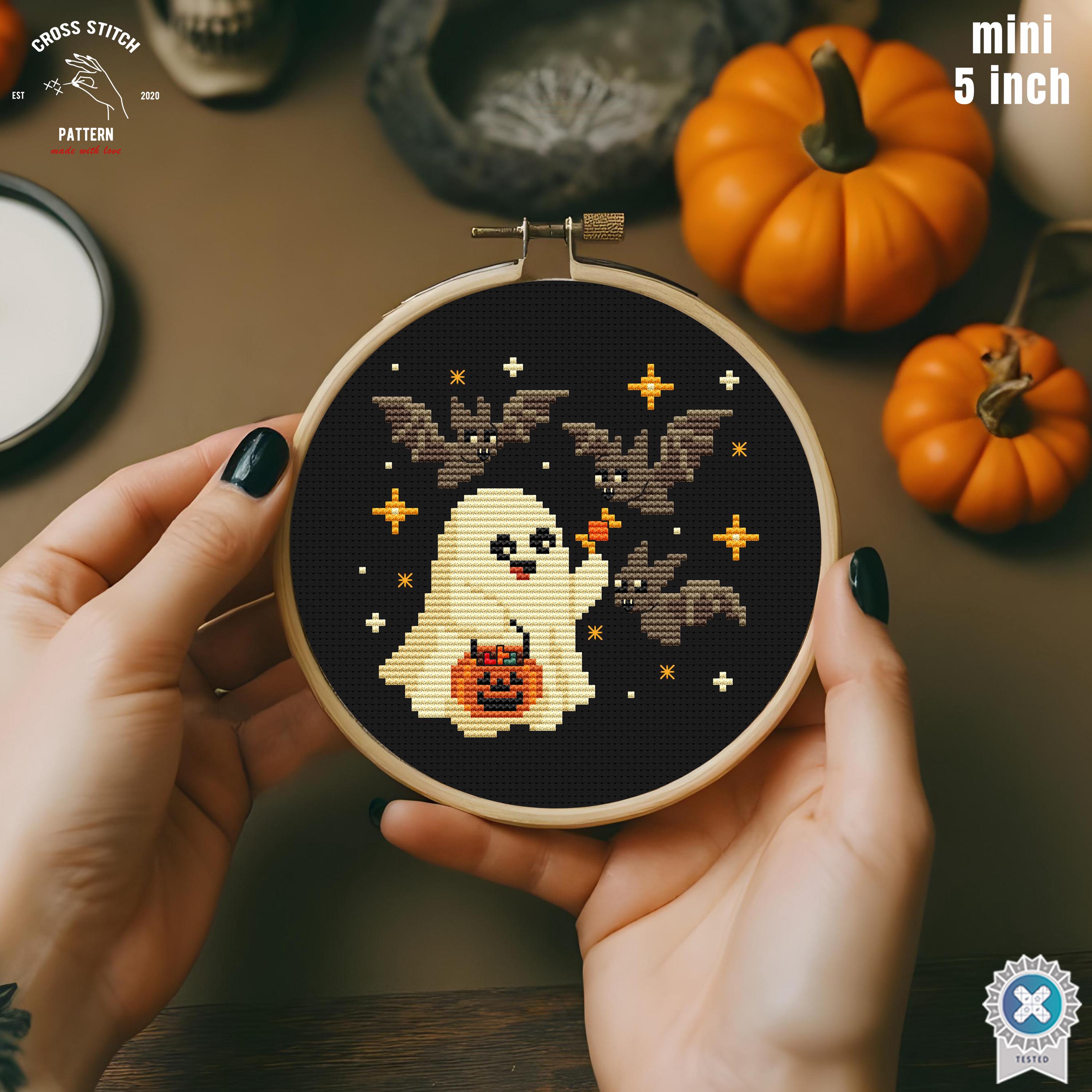Tiny Halloween Cross Stitch Pattern Funny Ghost With Bat Embroidery ...