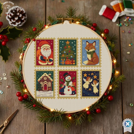 Mini Christmas cross stitch pattern Advent calendar Small Christmas Postage Stamps Embroidery Santa Gingerbread Snowman Angels Post Office