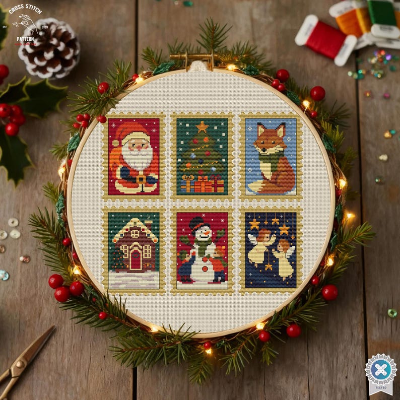 May include: A cross-stitch embroidery hoop featuring six Christmas-themed postage stamp designs. The designs include Santa Claus, a Christmas tree, a fox, a gingerbread house, a snowman, and two angels. The hoop is surrounded by greenery and red berries.