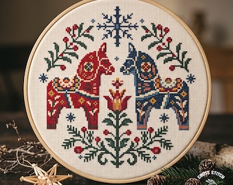 Dala Horse Cross Stitch Pattern: Scandinavian Christmas Folk Art Design (PDF Pattern)