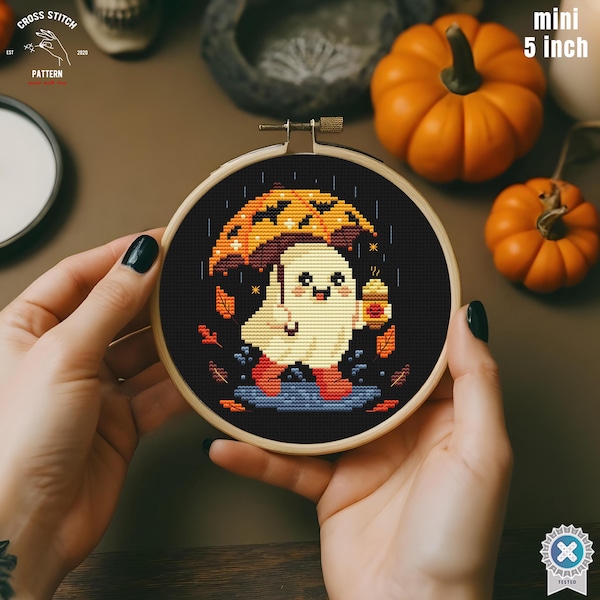 Tiny Halloween cross stitch pattern Cute Ghost with Umbrella embroidery Spooky cross stitch Fall cross stitch Horror mini cross stitch pdf