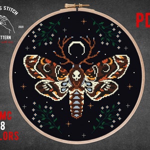 Moth cross stitch pattern Insect cross stitch Witchy cross stitch Gothic cross stitch Cottagecore decor Mushroom theme Moon Phase embroidery