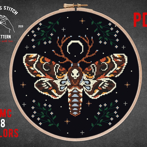 Moth cross stitch pattern Insect cross stitch Witchy cross stitch Gothic cross stitch Cottagecore decor Mushroom theme Moon Phase embroidery