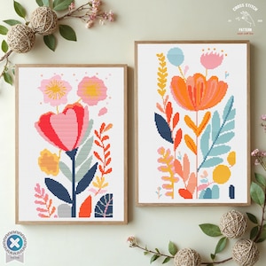 Kreuzstich Stickmuster mit Pflanzenmotiv, modernes Blumendesign, lebendige Stickerei, DIY Kit, kräftige Blumenwandkunst, bunte botanische Dekorationswandkunstkarte