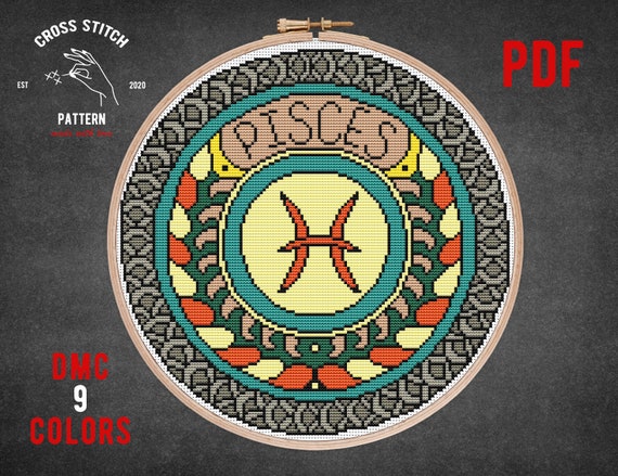 Pisces Zodiac sign cross stitch pattern Astrological sign embroidery Zodiac symbol Home wall decor Mandala counted cross-stitch