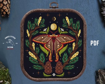 Patrón de punto de cruz de polilla, mariposa oscura y moderna, punto de cruz de mariposa, estilo Cottagecore, punto de cruz de setas, punto de cruz gótico, insecto, fase lunar